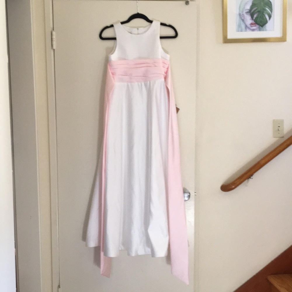 NEW Long white A-line dress with pink sash